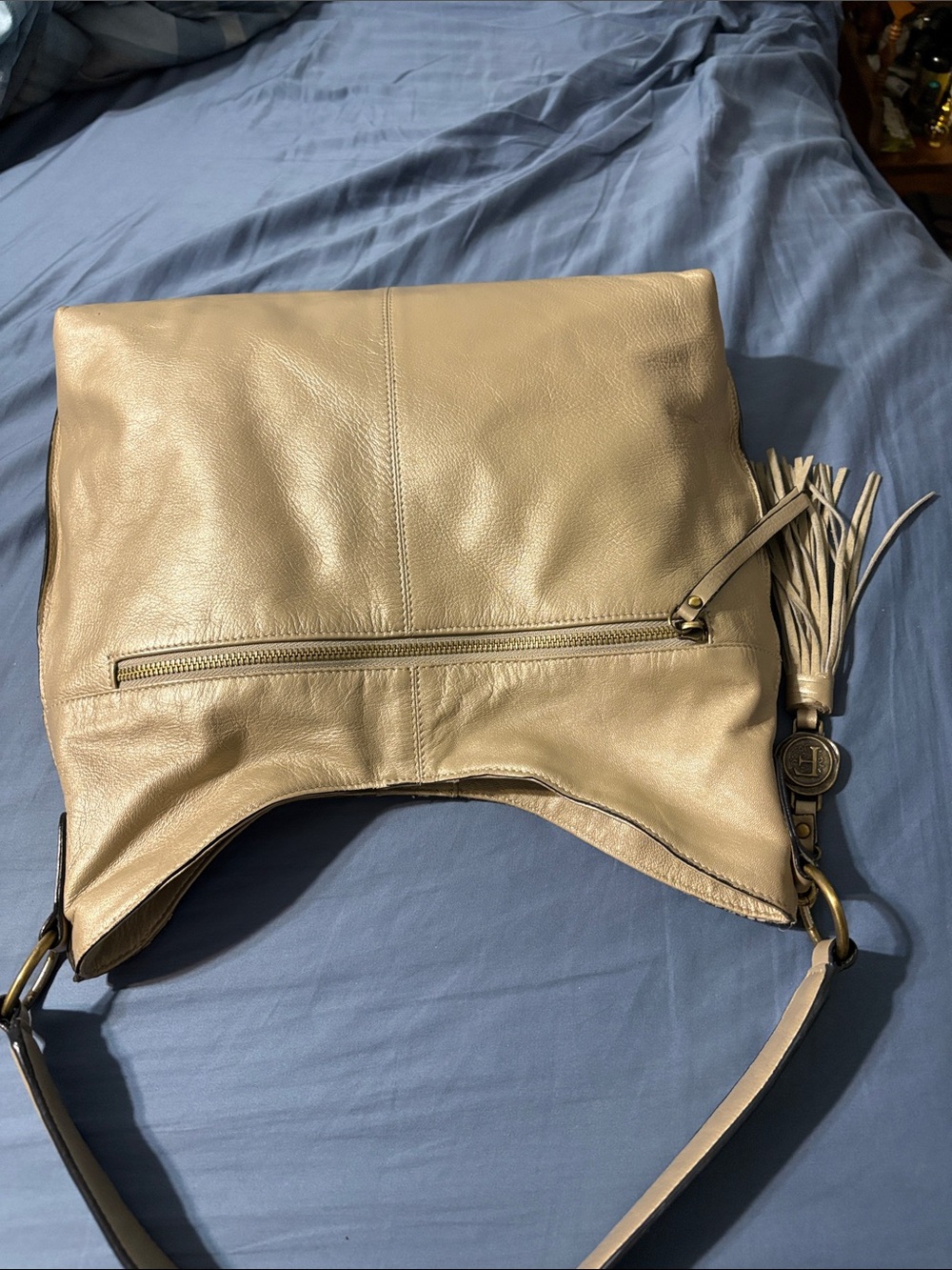 Leather Floral-Embossed Shoulder Bag in Cream by Firenze Bella. All leather.Used - Picture 12 of 16